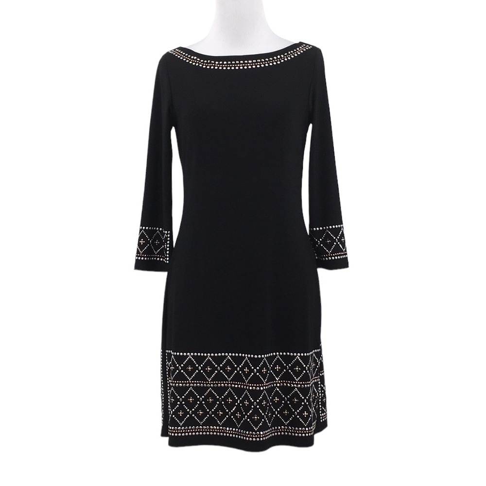 White House‎ Black Market Black Studded Sheath Dress Womens XS Bell Sleeve